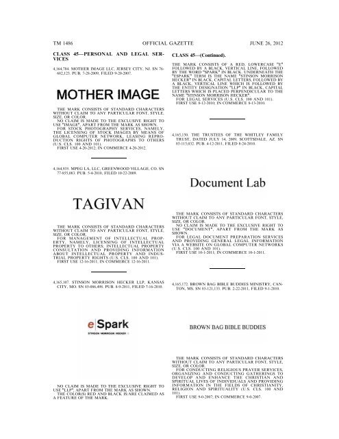 MARKS PUBLISHED FOR OPPOSITION - U.S. Patent and ...