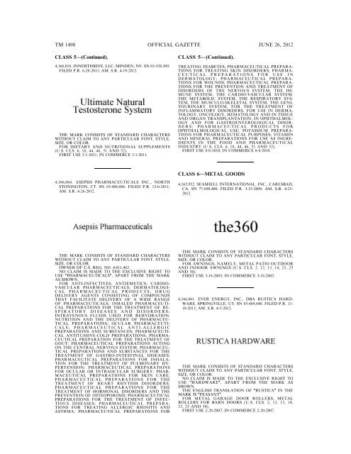 MARKS PUBLISHED FOR OPPOSITION - U.S. Patent and ...