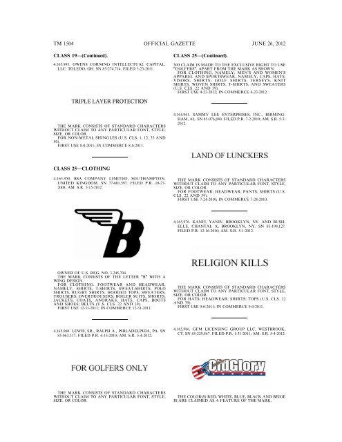 MARKS PUBLISHED FOR OPPOSITION - U.S. Patent and ...