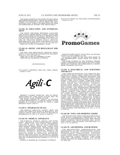 MARKS PUBLISHED FOR OPPOSITION - U.S. Patent and ...