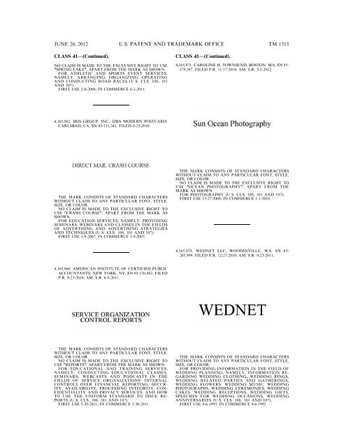 MARKS PUBLISHED FOR OPPOSITION - U.S. Patent and ...