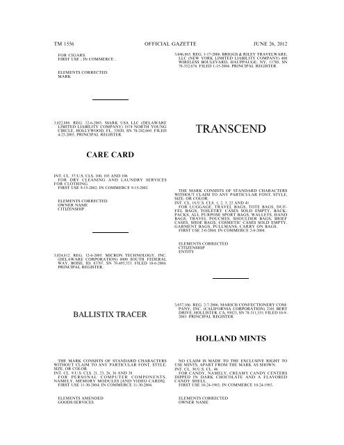 MARKS PUBLISHED FOR OPPOSITION - U.S. Patent and ...