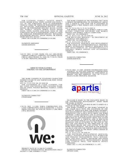 MARKS PUBLISHED FOR OPPOSITION - U.S. Patent and ...