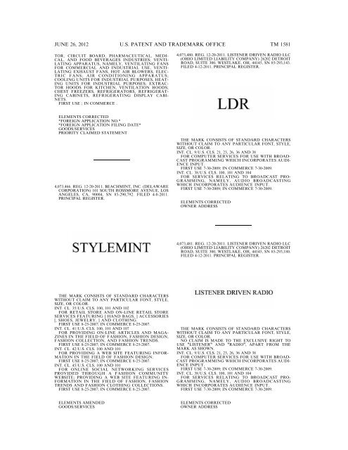 MARKS PUBLISHED FOR OPPOSITION - U.S. Patent and ...