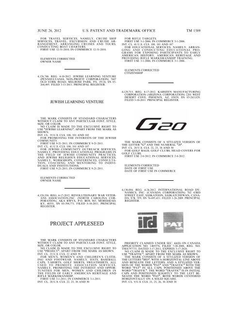 MARKS PUBLISHED FOR OPPOSITION - U.S. Patent and ...