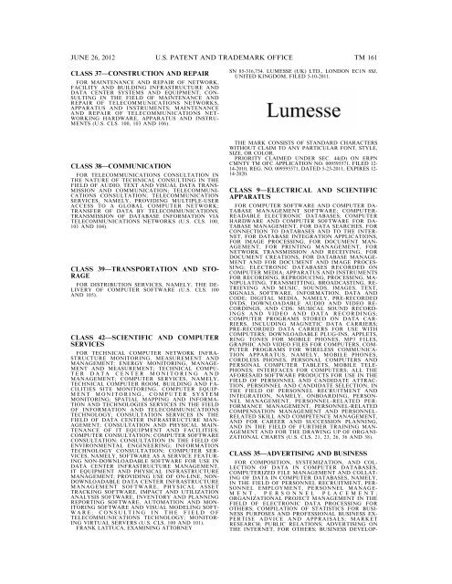 MARKS PUBLISHED FOR OPPOSITION - U.S. Patent and ...