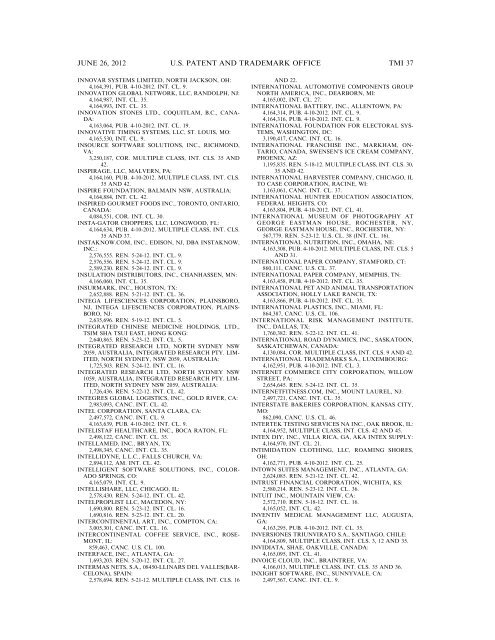 MARKS PUBLISHED FOR OPPOSITION - U.S. Patent and ...