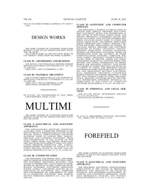 MARKS PUBLISHED FOR OPPOSITION - U.S. Patent and ...