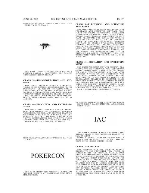 MARKS PUBLISHED FOR OPPOSITION - U.S. Patent and ...