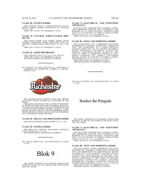 MARKS PUBLISHED FOR OPPOSITION - U.S. Patent and ...