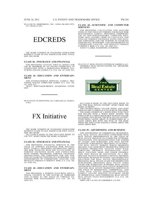 MARKS PUBLISHED FOR OPPOSITION - U.S. Patent and ...