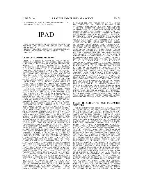 MARKS PUBLISHED FOR OPPOSITION - U.S. Patent and ...