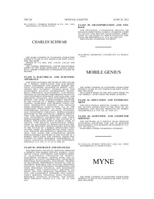 MARKS PUBLISHED FOR OPPOSITION - U.S. Patent and ...