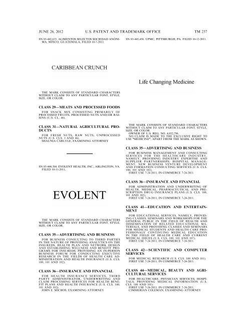 MARKS PUBLISHED FOR OPPOSITION - U.S. Patent and ...