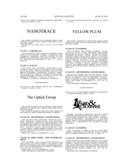 MARKS PUBLISHED FOR OPPOSITION - U.S. Patent and ...