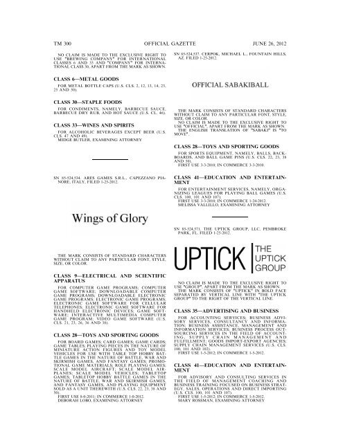 MARKS PUBLISHED FOR OPPOSITION - U.S. Patent and ...