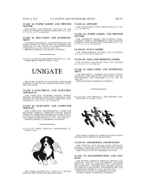 MARKS PUBLISHED FOR OPPOSITION - U.S. Patent and ...