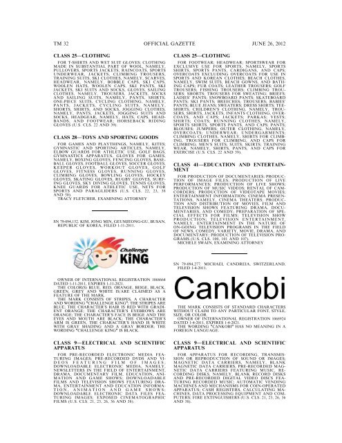 MARKS PUBLISHED FOR OPPOSITION - U.S. Patent and ...