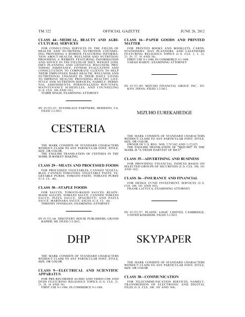 MARKS PUBLISHED FOR OPPOSITION - U.S. Patent and ...