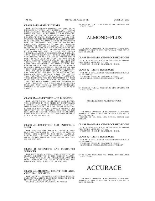 MARKS PUBLISHED FOR OPPOSITION - U.S. Patent and ...