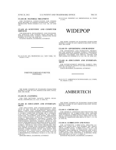 MARKS PUBLISHED FOR OPPOSITION - U.S. Patent and ...