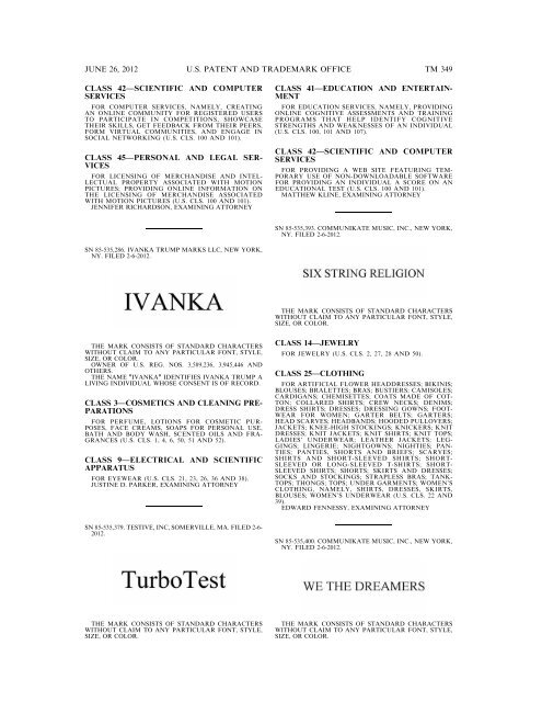 MARKS PUBLISHED FOR OPPOSITION - U.S. Patent and ...