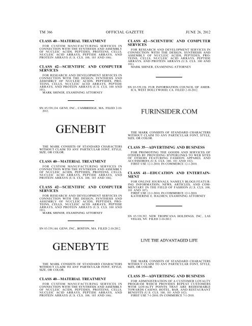 MARKS PUBLISHED FOR OPPOSITION - U.S. Patent and ...