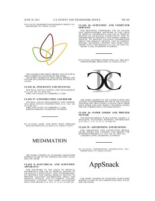 MARKS PUBLISHED FOR OPPOSITION - U.S. Patent and ...