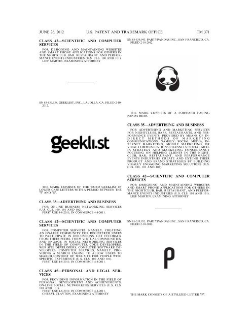 MARKS PUBLISHED FOR OPPOSITION - U.S. Patent and ...