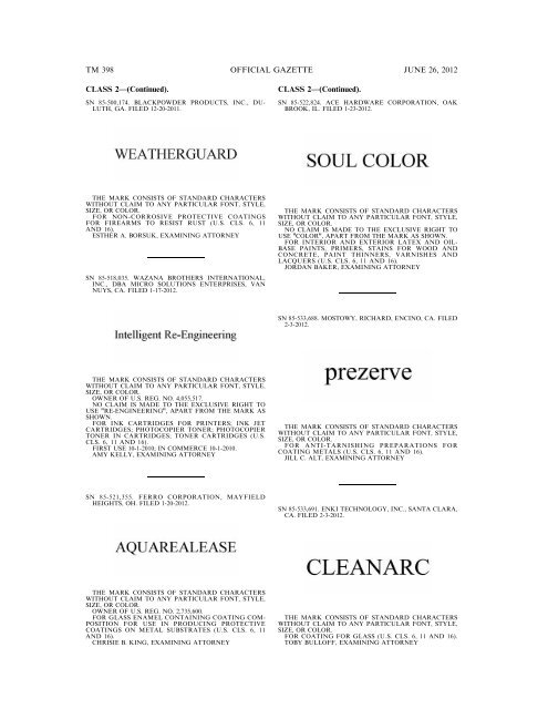 MARKS PUBLISHED FOR OPPOSITION - U.S. Patent and ...