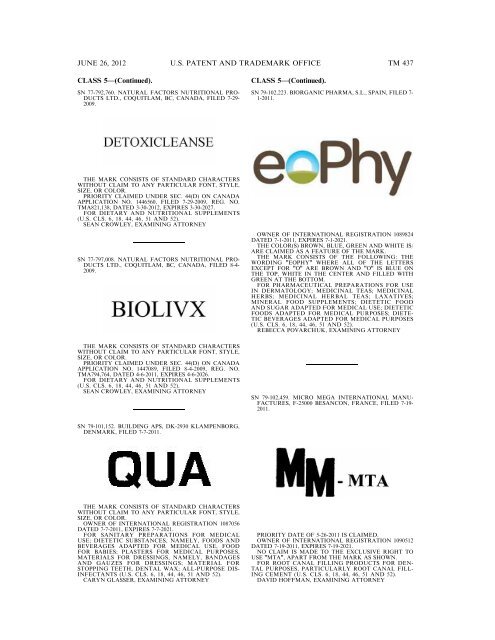 MARKS PUBLISHED FOR OPPOSITION - U.S. Patent and ...