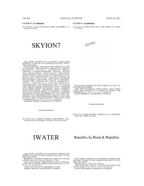 MARKS PUBLISHED FOR OPPOSITION - U.S. Patent and ...