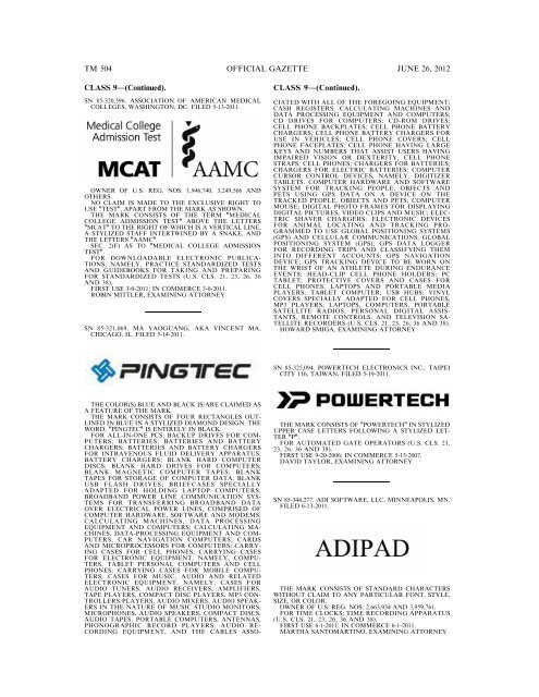 MARKS PUBLISHED FOR OPPOSITION - U.S. Patent and ...