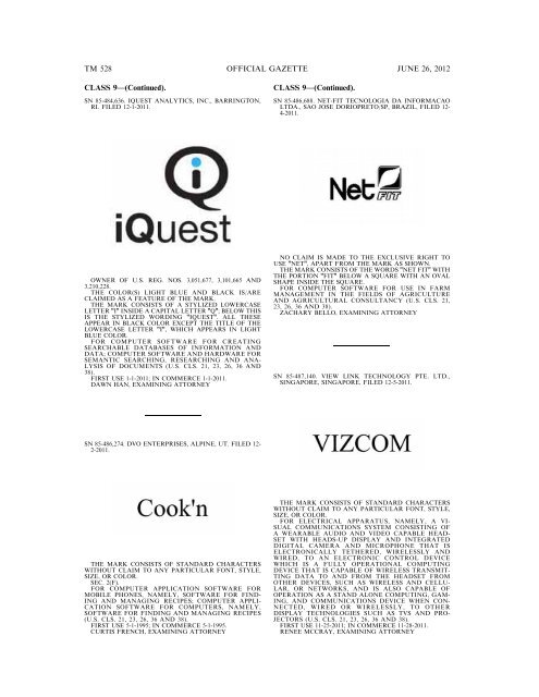 MARKS PUBLISHED FOR OPPOSITION - U.S. Patent and ...