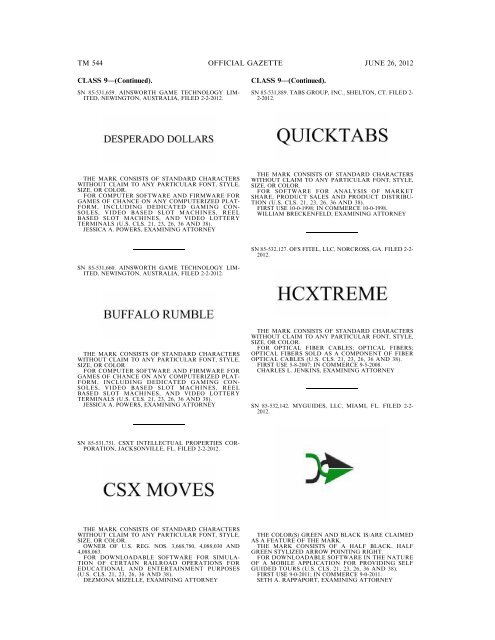 MARKS PUBLISHED FOR OPPOSITION - U.S. Patent and ...