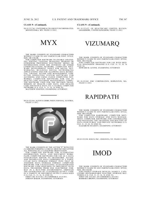 MARKS PUBLISHED FOR OPPOSITION - U.S. Patent and ...