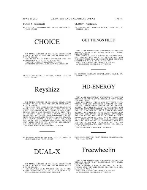 MARKS PUBLISHED FOR OPPOSITION - U.S. Patent and ...