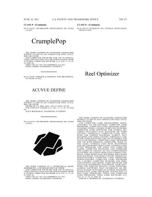 MARKS PUBLISHED FOR OPPOSITION - U.S. Patent and ...