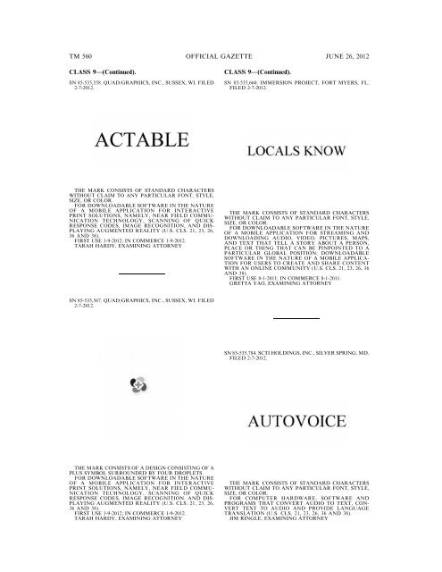 MARKS PUBLISHED FOR OPPOSITION - U.S. Patent and ...