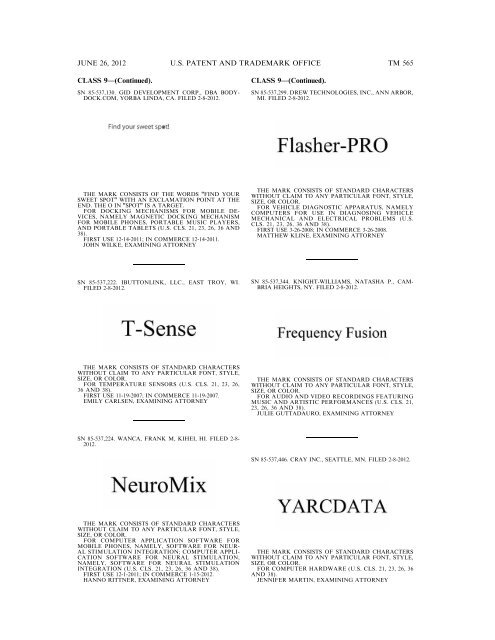 MARKS PUBLISHED FOR OPPOSITION - U.S. Patent and ...