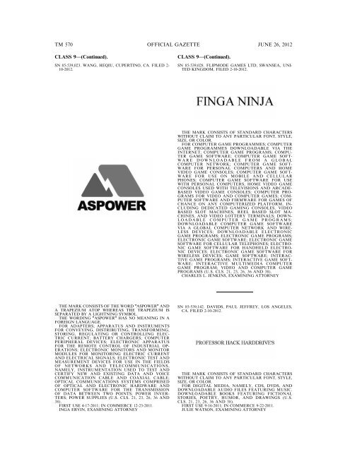 MARKS PUBLISHED FOR OPPOSITION - U.S. Patent and ...