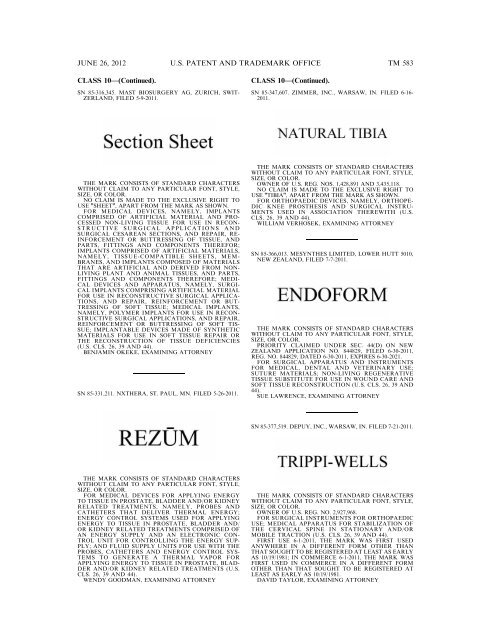 MARKS PUBLISHED FOR OPPOSITION - U.S. Patent and ...