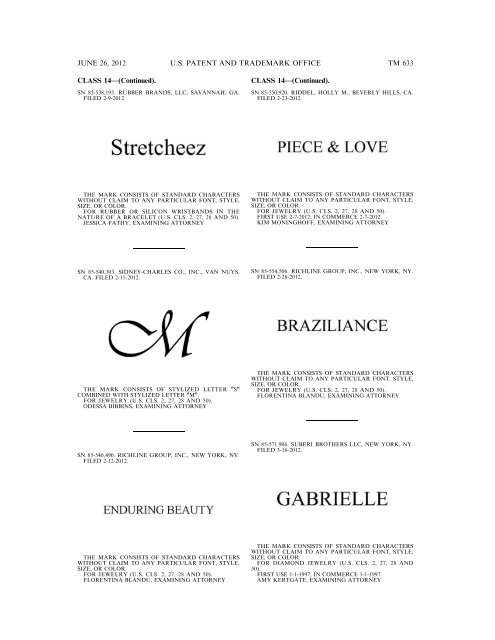 MARKS PUBLISHED FOR OPPOSITION - U.S. Patent and ...