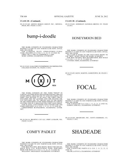 MARKS PUBLISHED FOR OPPOSITION - U.S. Patent and ...