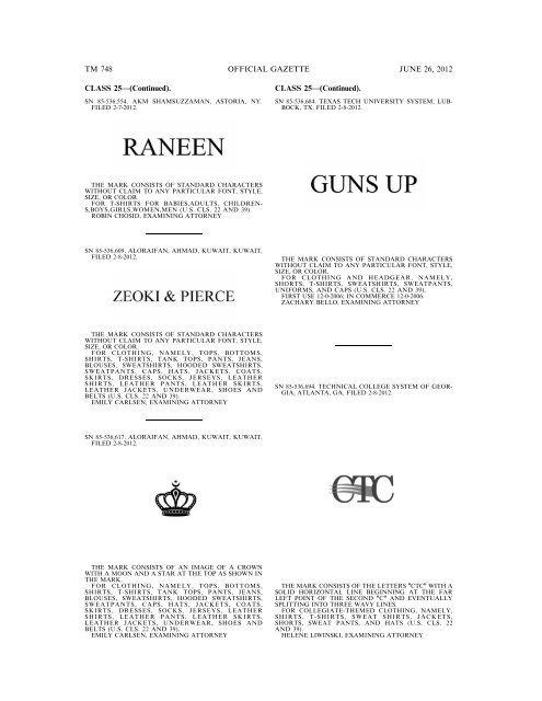 MARKS PUBLISHED FOR OPPOSITION - U.S. Patent and ...