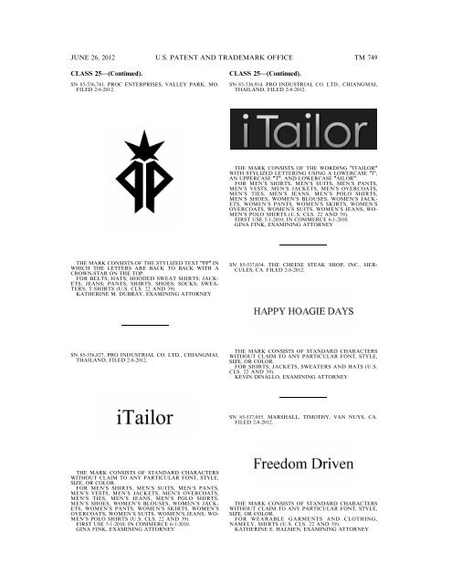 MARKS PUBLISHED FOR OPPOSITION - U.S. Patent and ...