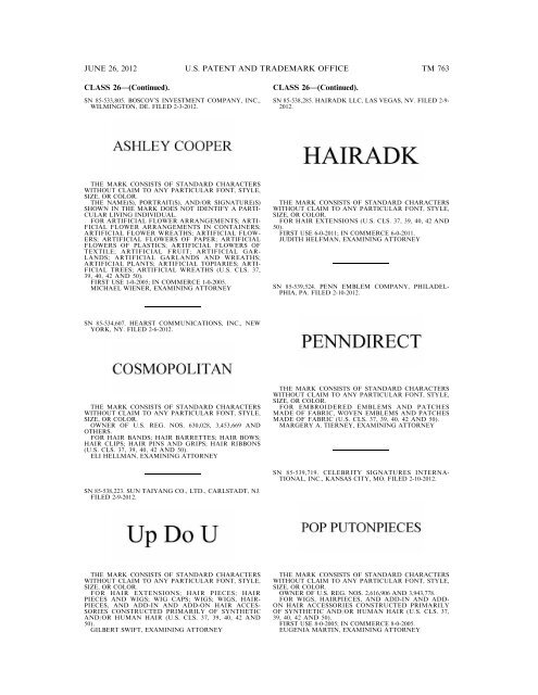 MARKS PUBLISHED FOR OPPOSITION - U.S. Patent and ...