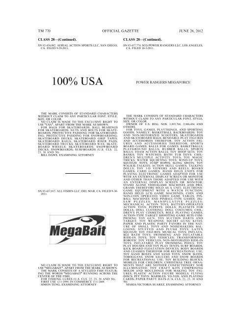 MARKS PUBLISHED FOR OPPOSITION - U.S. Patent and ...