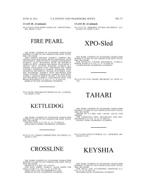 MARKS PUBLISHED FOR OPPOSITION - U.S. Patent and ...