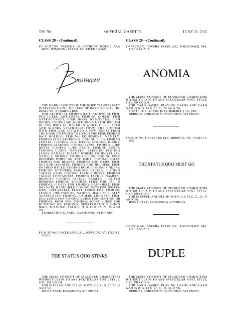 MARKS PUBLISHED FOR OPPOSITION - U.S. Patent and ...